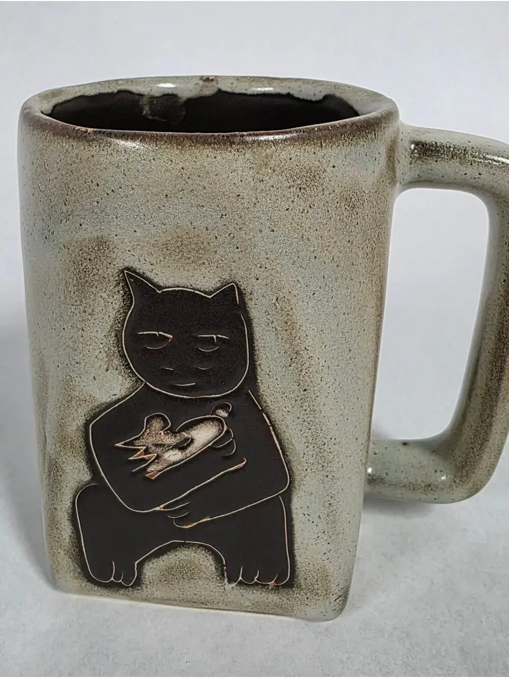 Vintage Mara Stoneware Handcrafted Cat Mug, Signed, Mexican Pottery Design